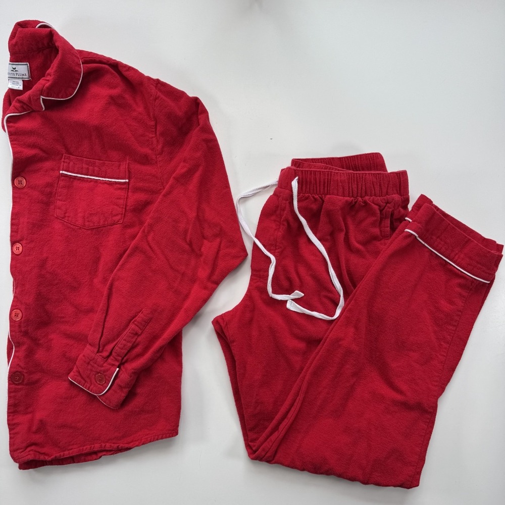 PETITE PLUME Flannel Pajama Set Shirt + Bottoms Mens Medium Red‎ w/ White Trim